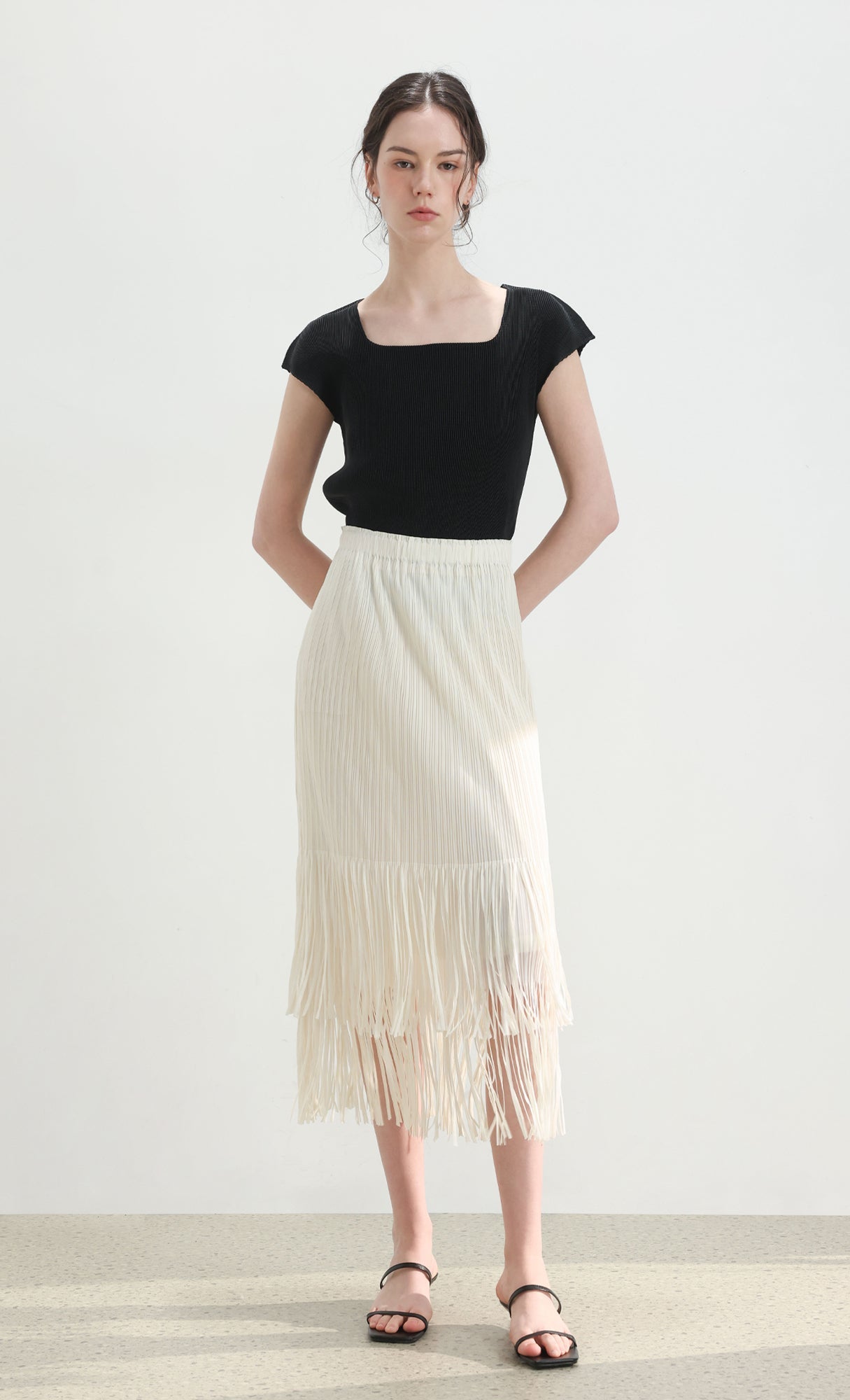 Fringe pleated skirt_ivory
