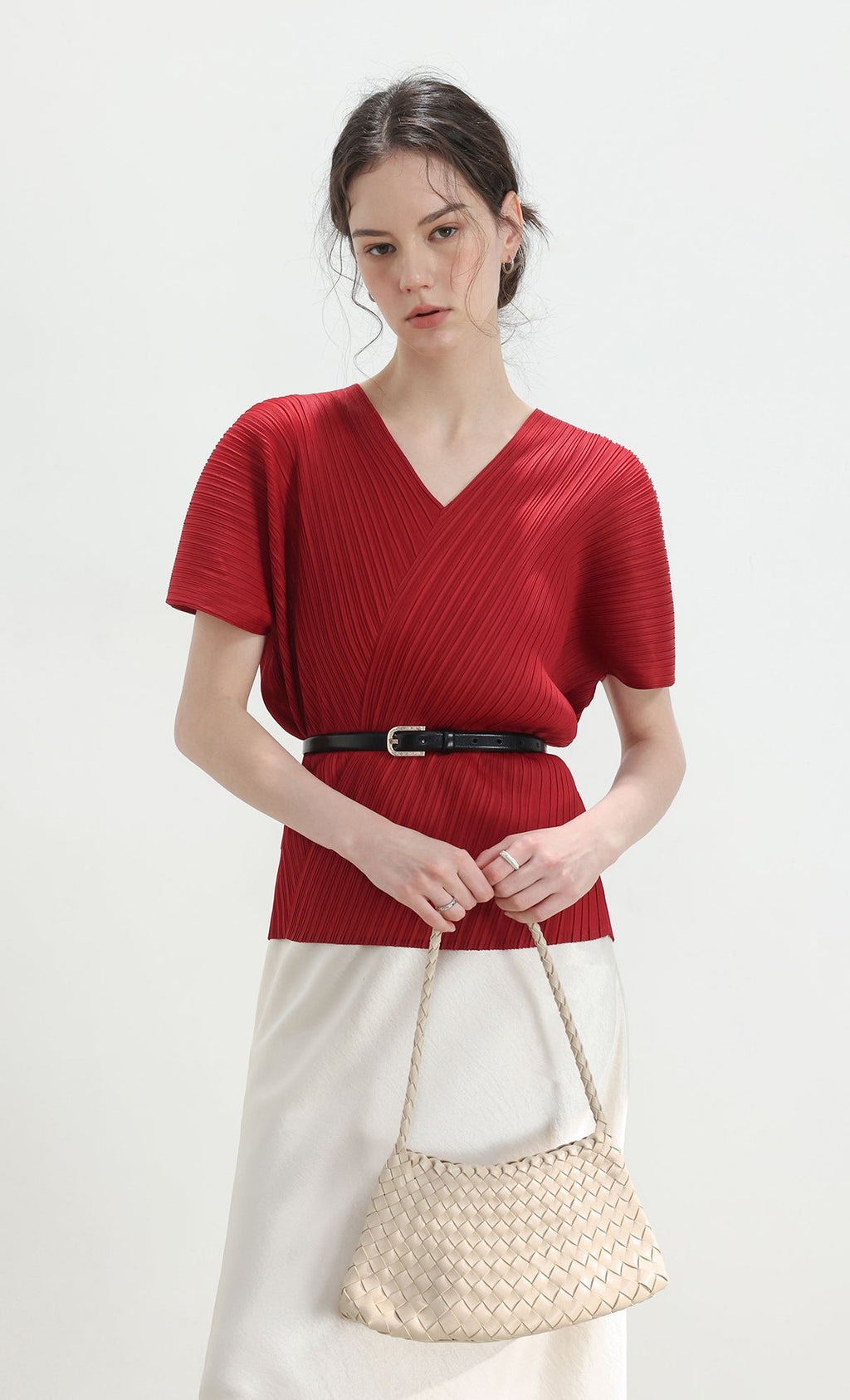 Joy pleated v-neck top_red