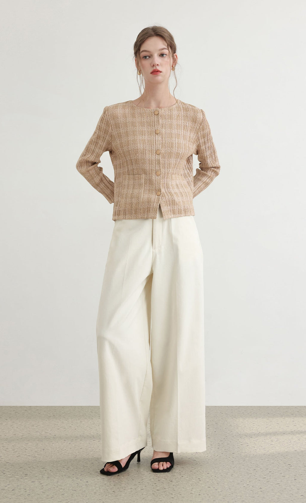 Tweed pleats cardigan jacket_beige