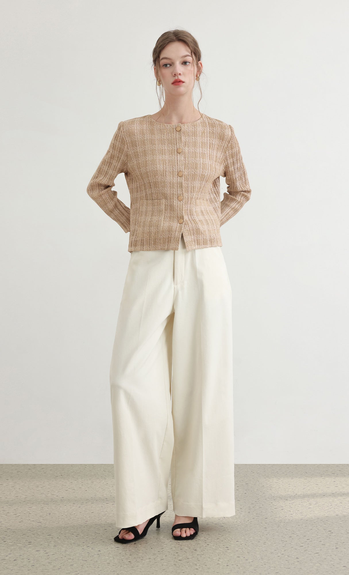 Tweed pleats cardigan jacket_beige