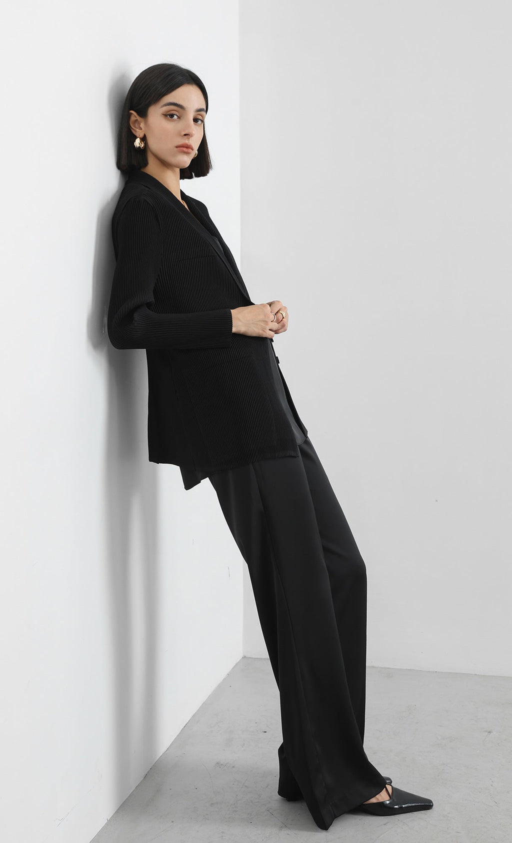 curve pleated set-up jacket_black