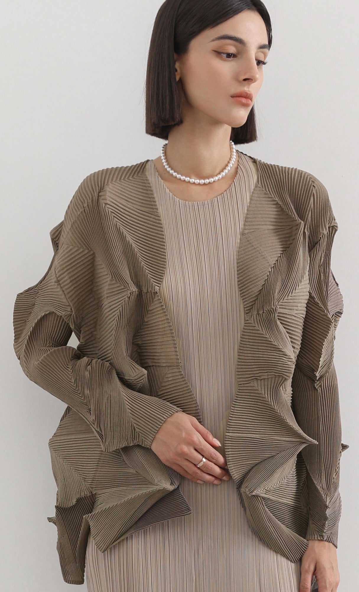 geo pleated jacket cardigan_brown