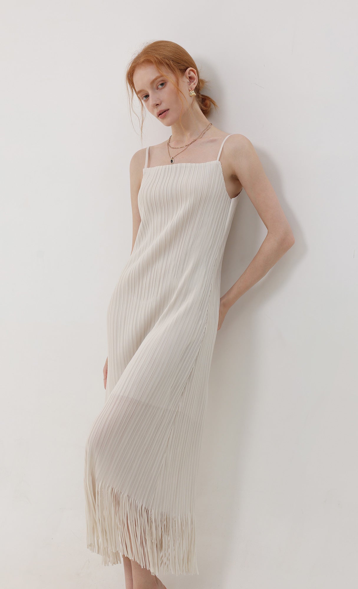 Fringe pleated slip dress_ivory