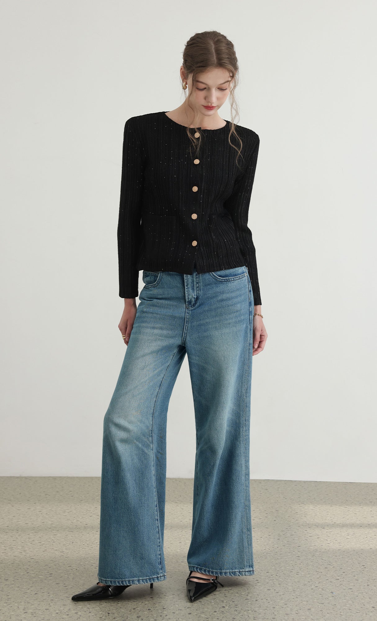 Tweed pleats cardigan jacket_black