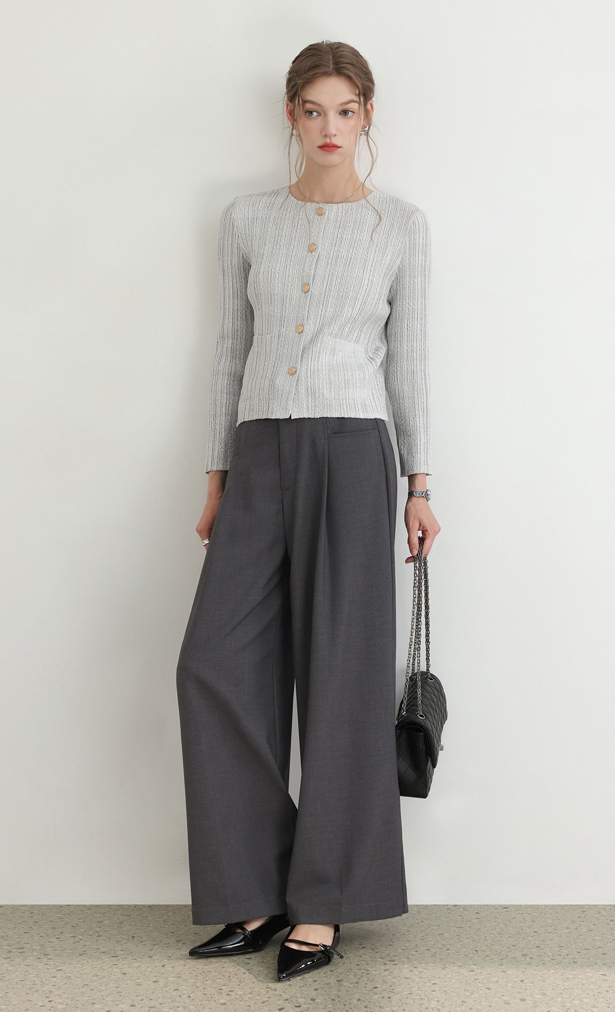 Tweed pleats cardigan jacket_grey
