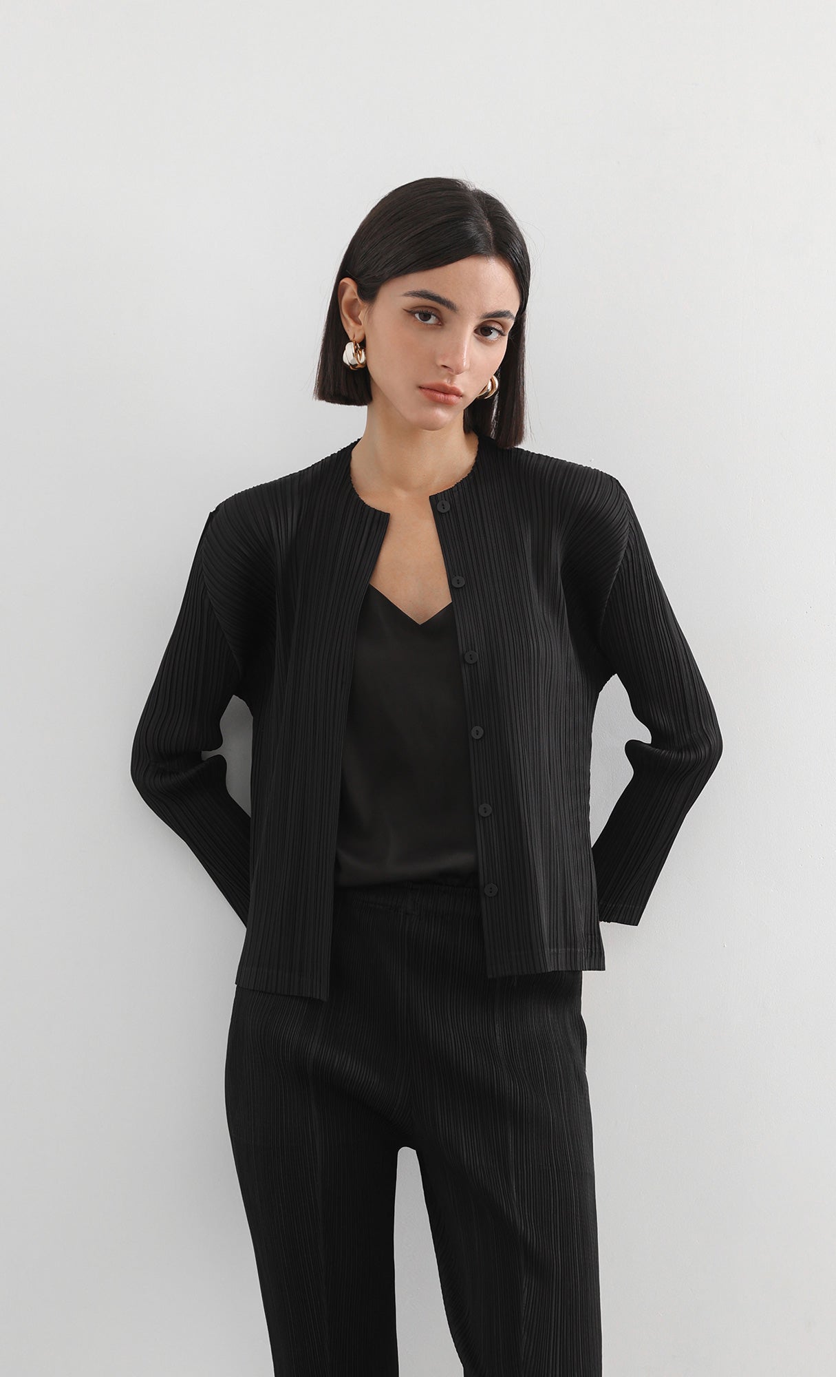 button basic pleated cardigan_black