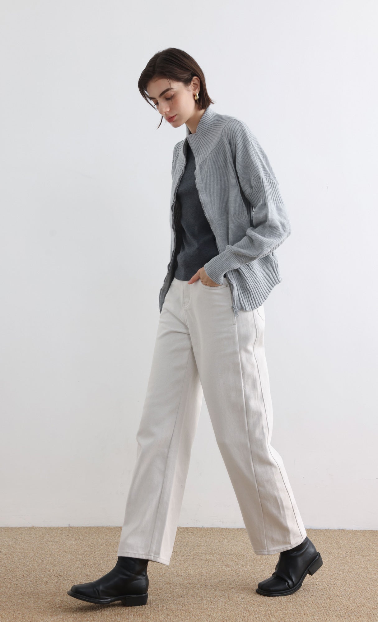 High Neck Knitted Pleated Zip-Up Cardigan_Grey
