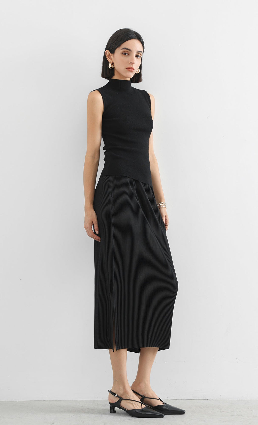 classy line pleated skirt_black