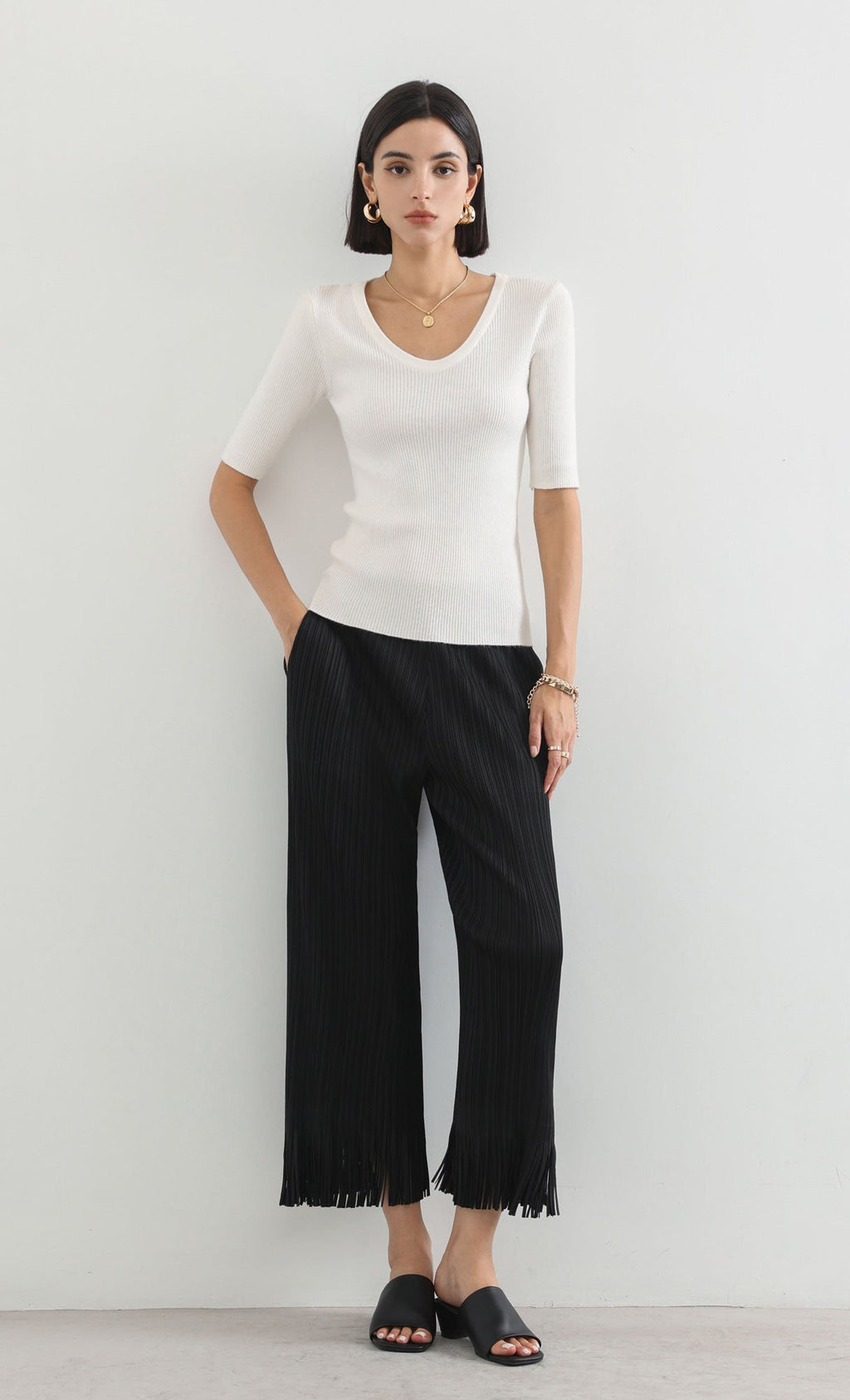 frill hem pleats pants_black