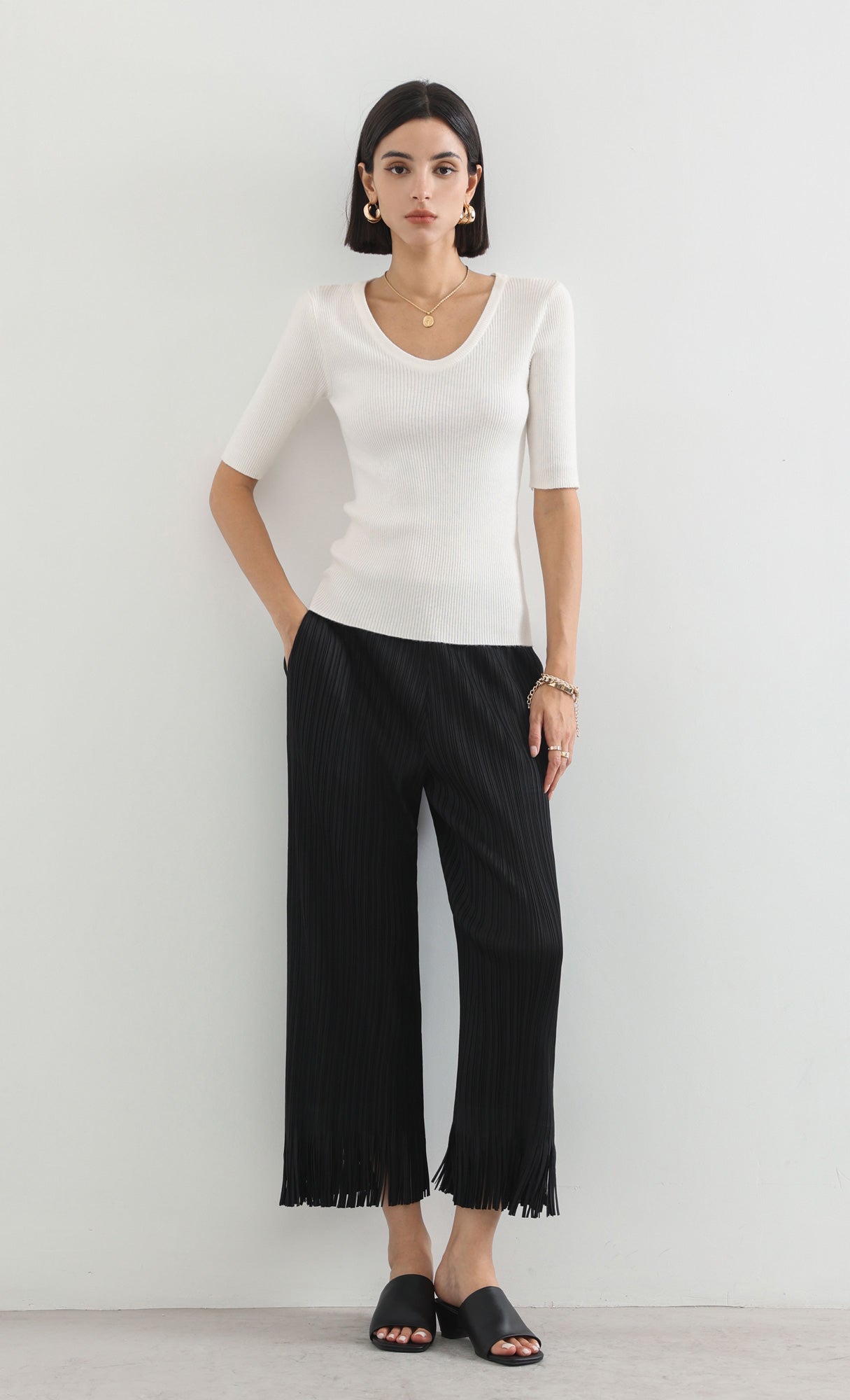 frill hem pleats pants_black