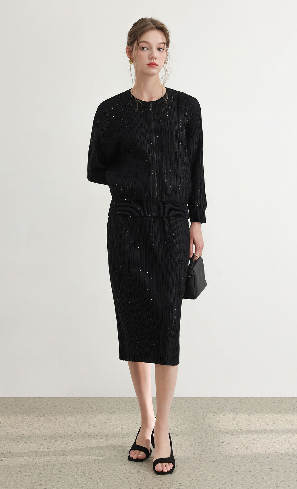 Tweed pleats banding skirt_black