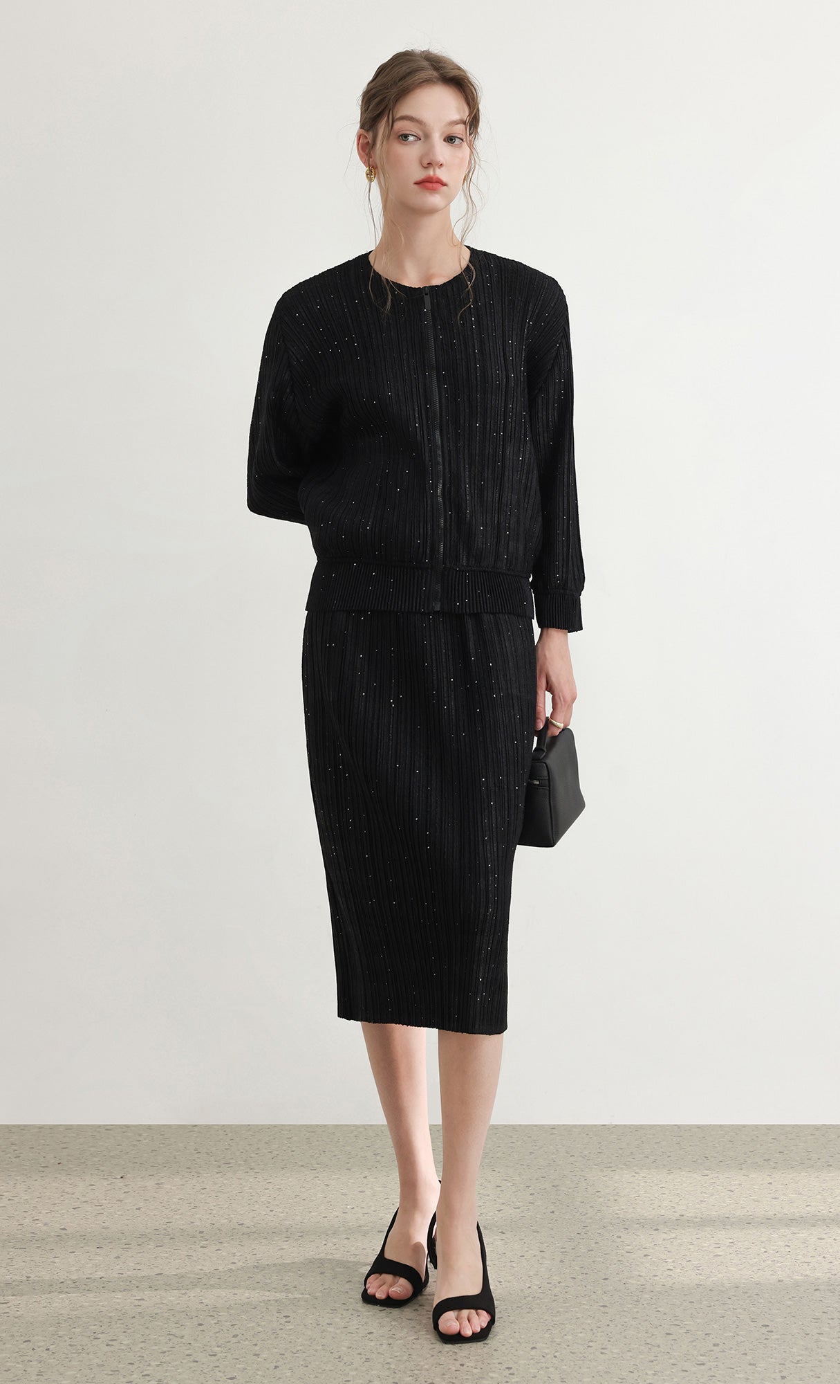 Tweed pleats banding skirt_black