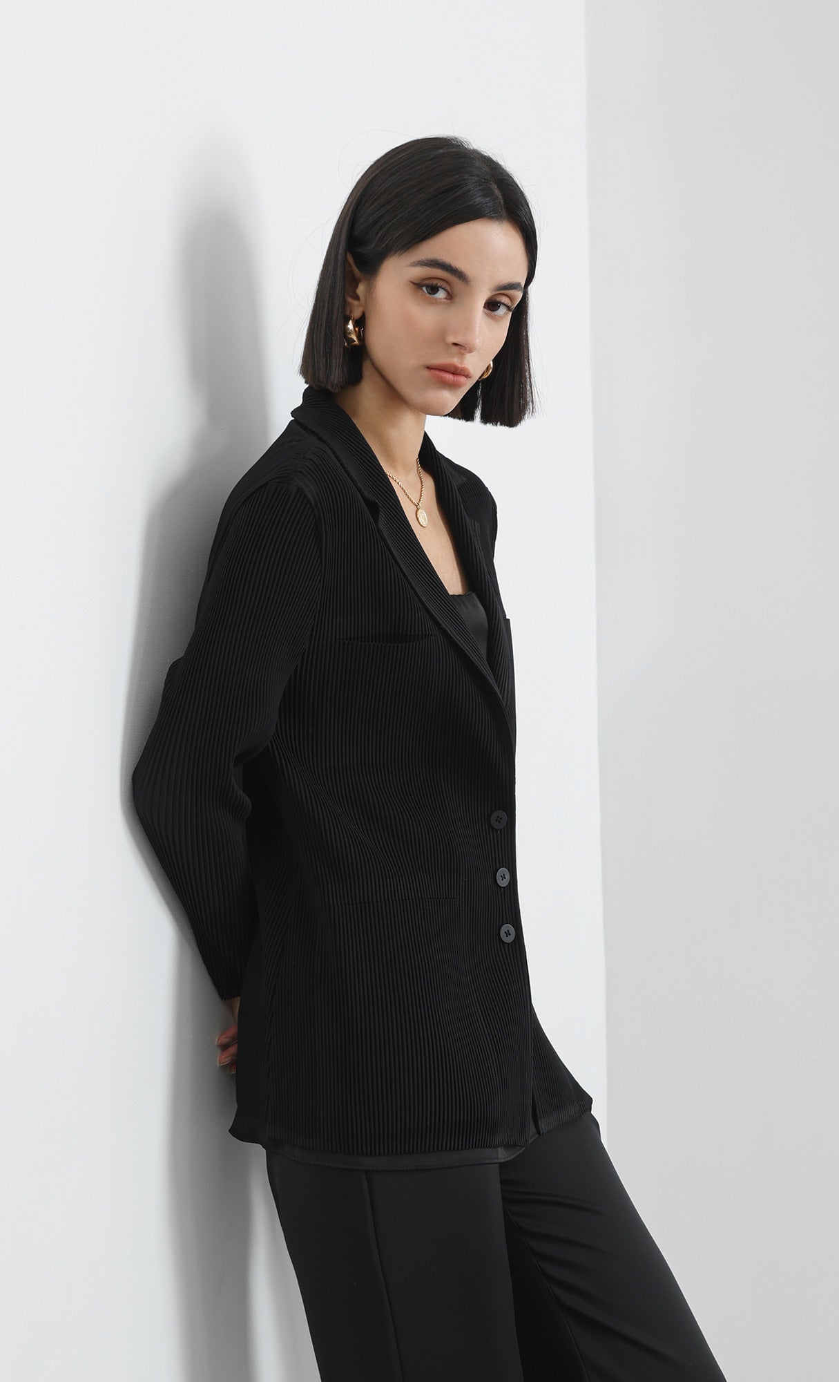 curve pleated set-up jacket_black