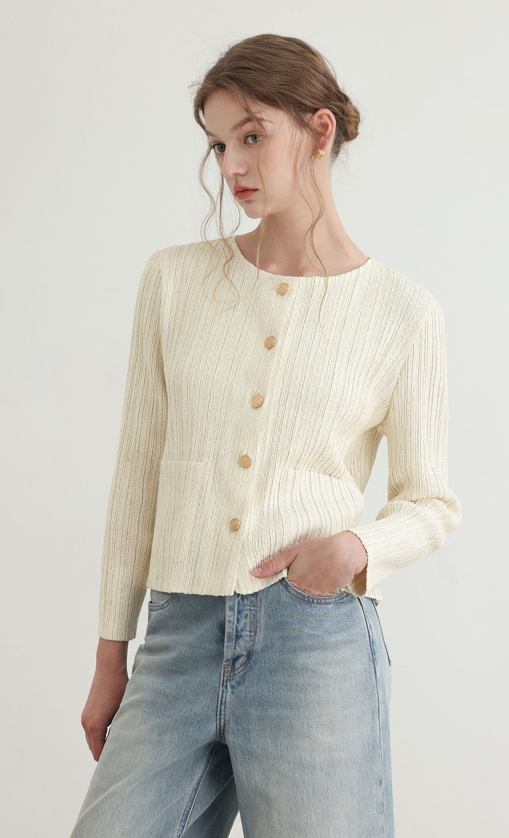 Tweed pleats cardigan jacket_ivory