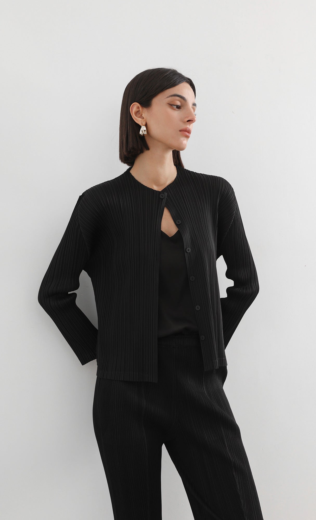 button basic pleated cardigan_black