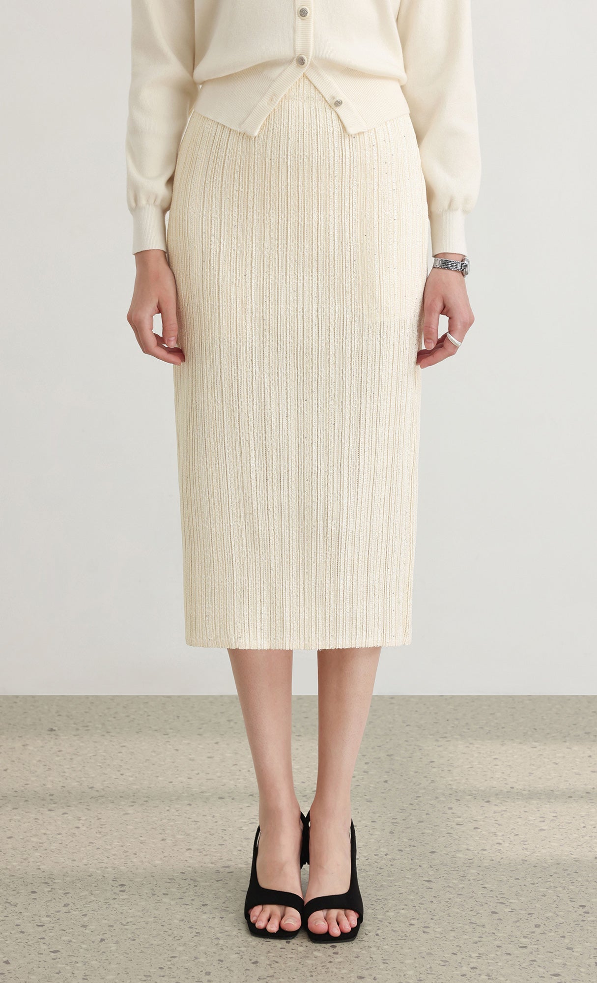 Tweed pleats banding skirt_ivory