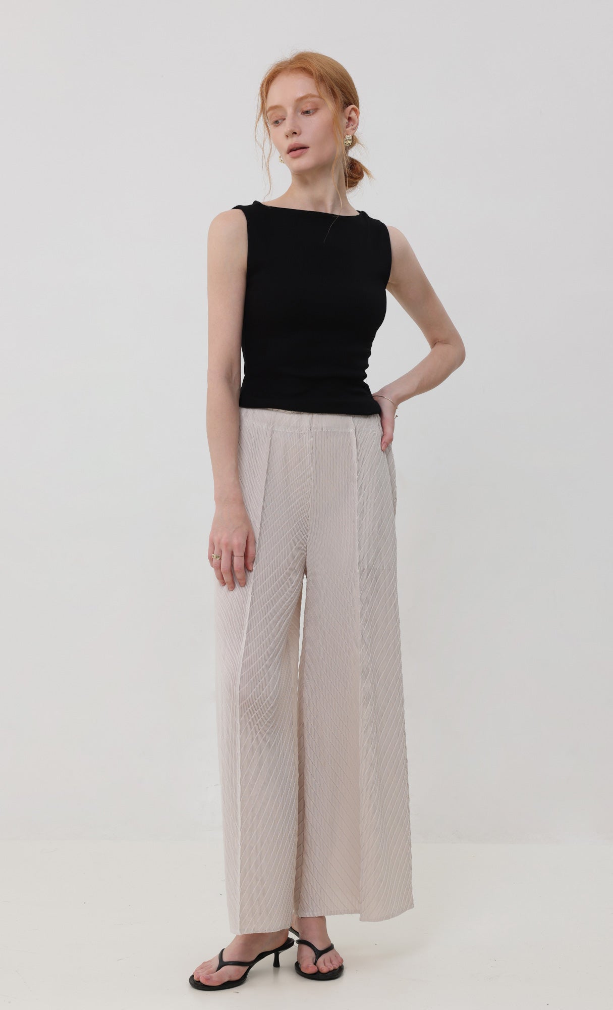 Flow pleated wide leg pants_lightbeige