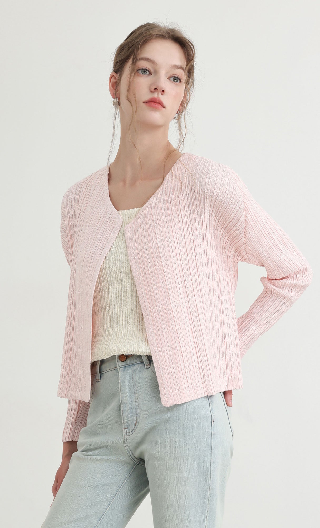 Tweed pleats cardigan_pink