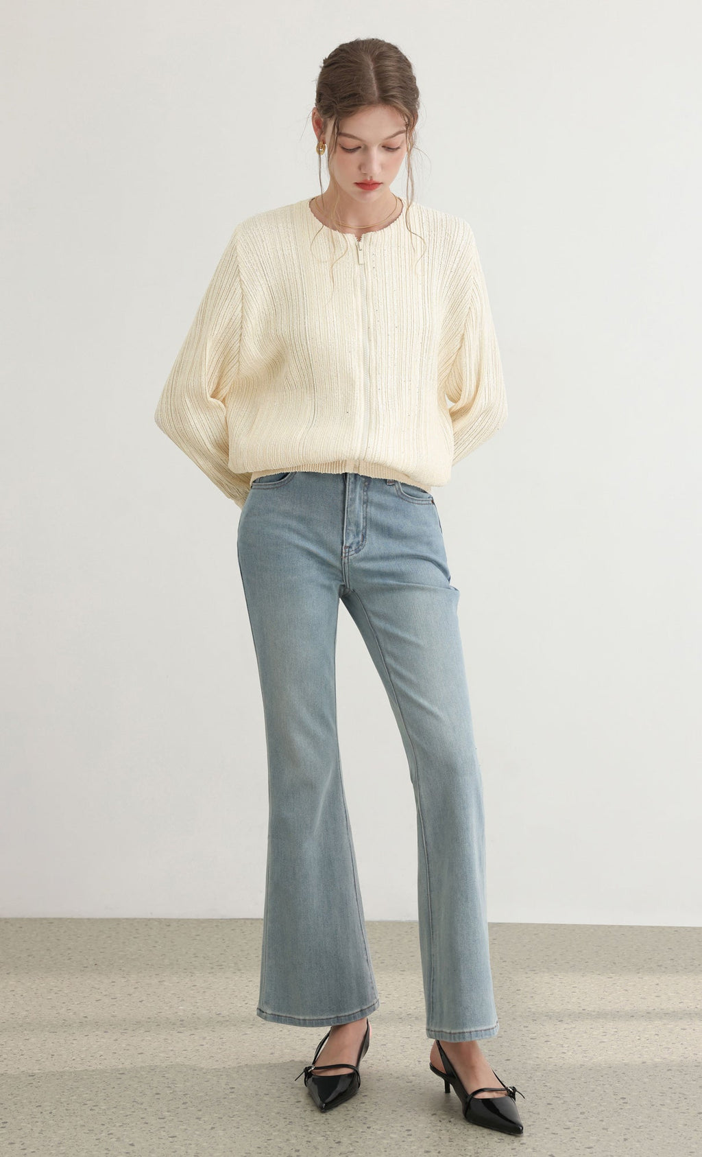 Tweed pleats blouson jumper_ivory