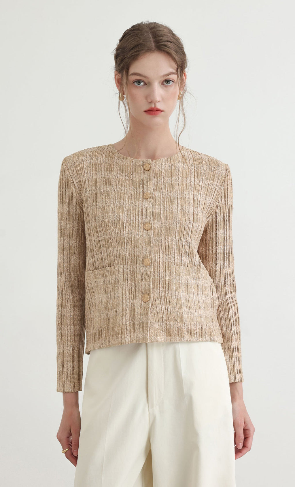 Tweed pleats cardigan jacket_beige