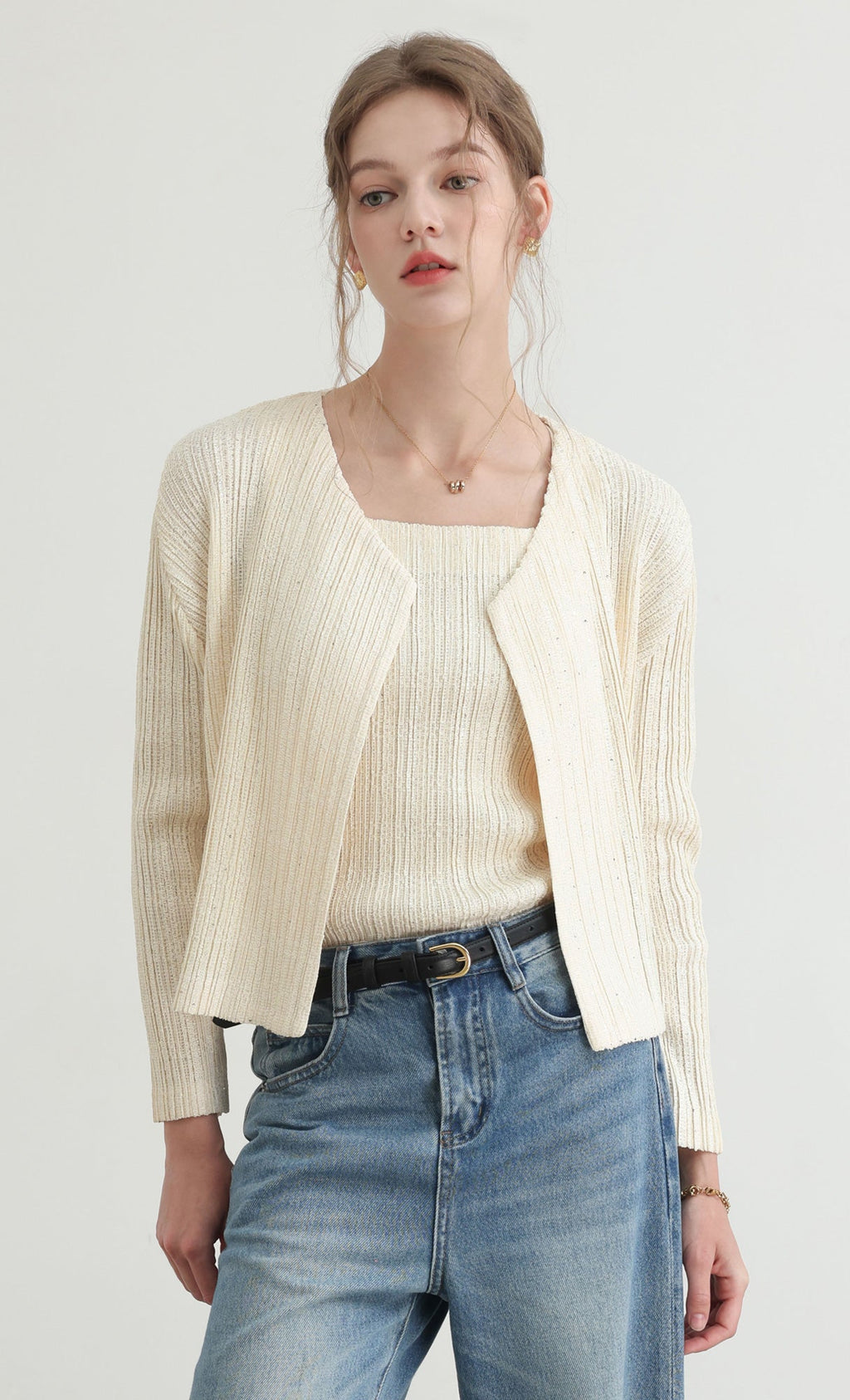 Tweed pleats cardigan_ivory