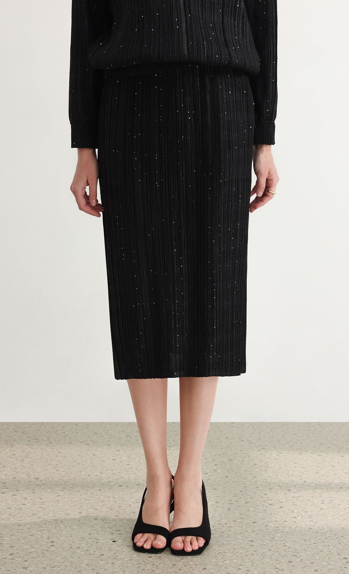 Tweed pleats banding skirt_black
