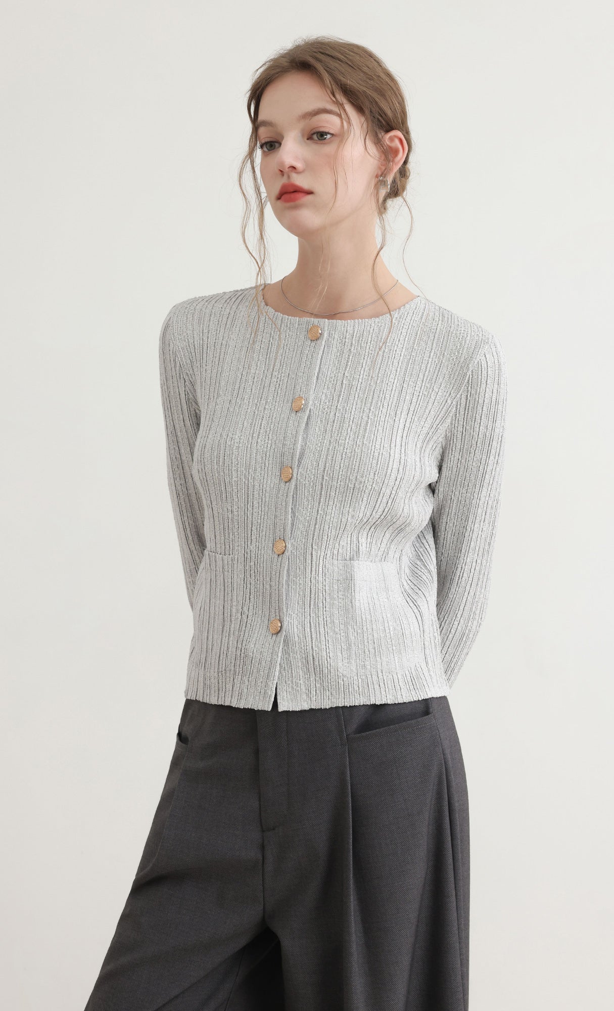 Tweed pleats cardigan jacket_grey