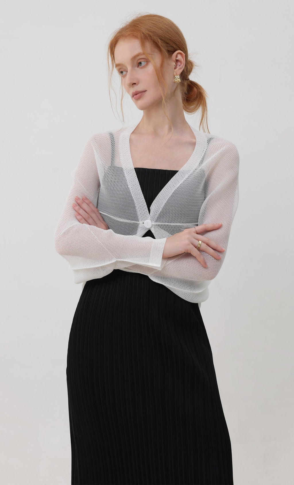 Lucid pleated mesh cardigan_ivory