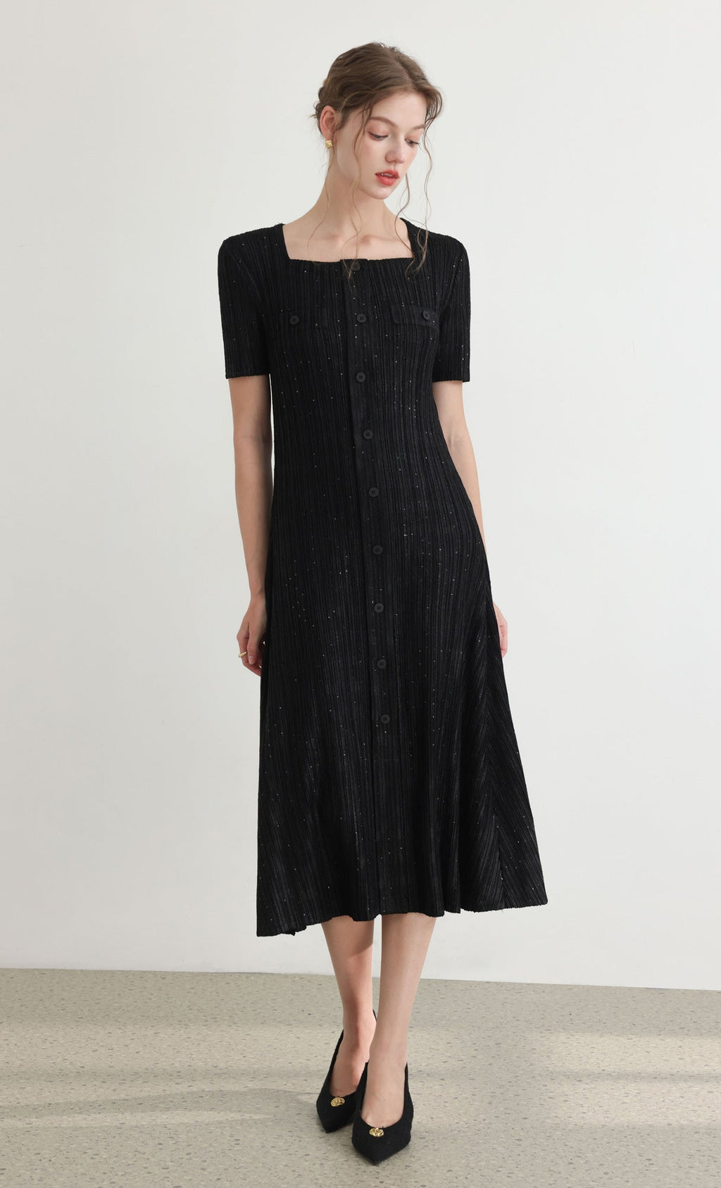 Tweed pleats square neck dress_black