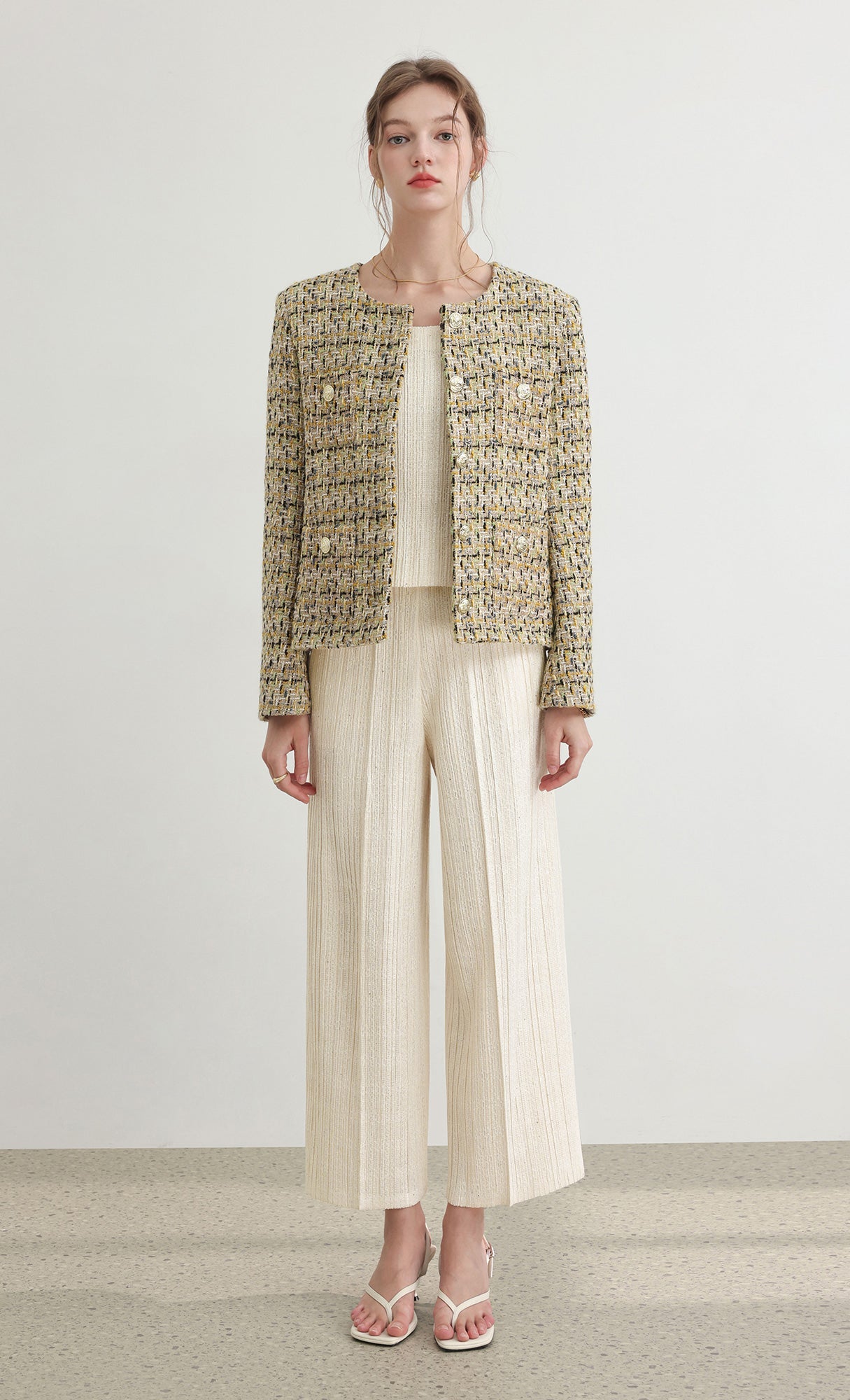 Tweed pleats pintuck pants_ivory
