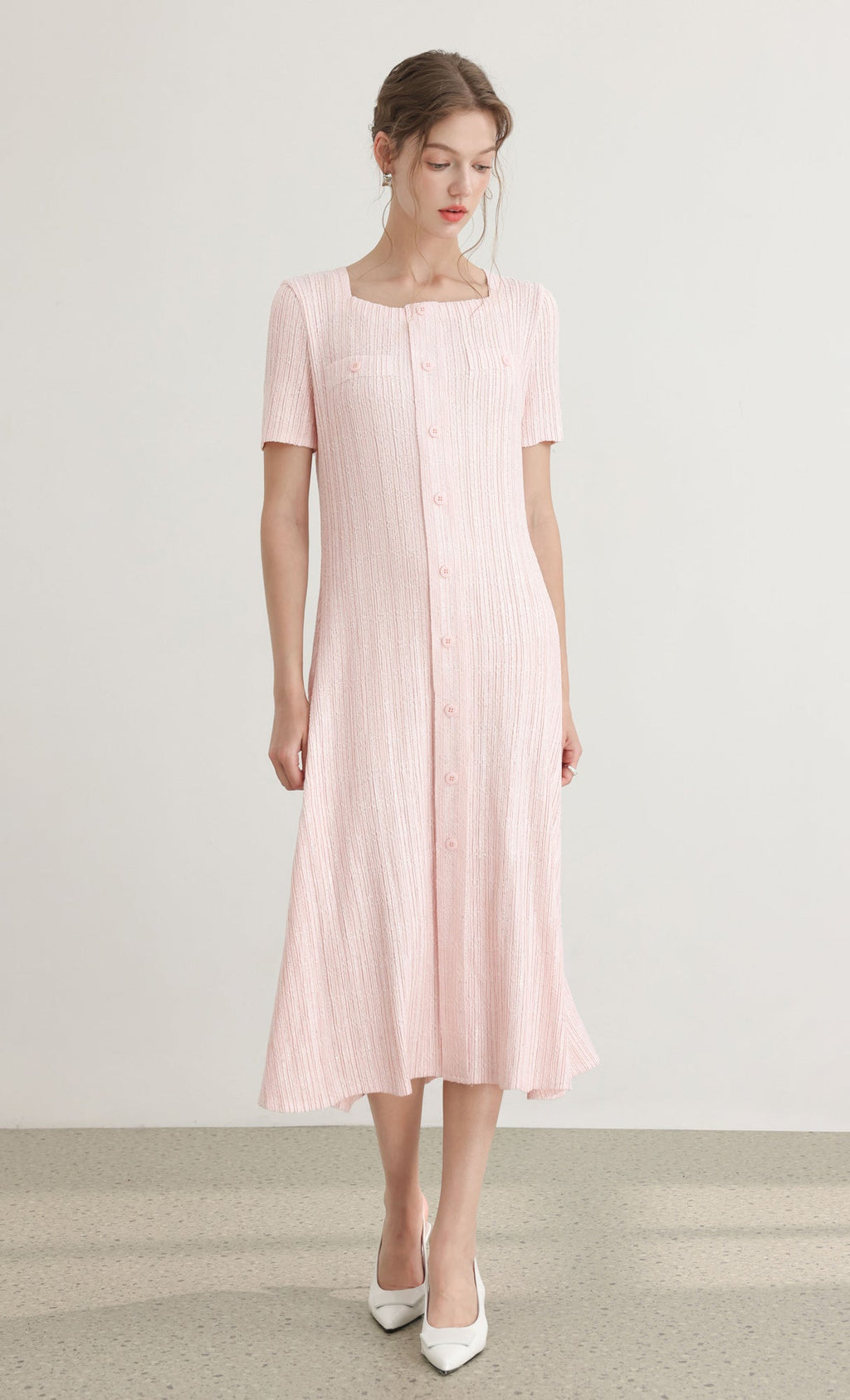 Tweed pleats square neck dress_pink