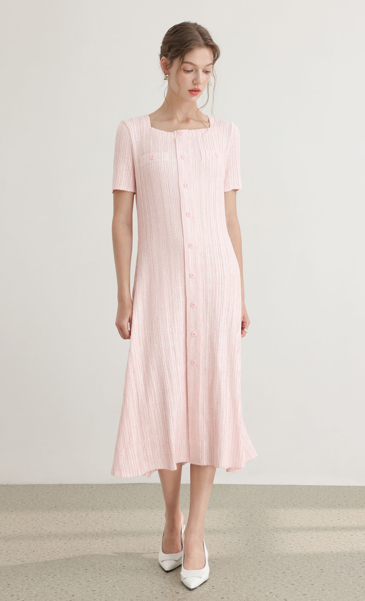 Tweed pleats square neck dress_pink