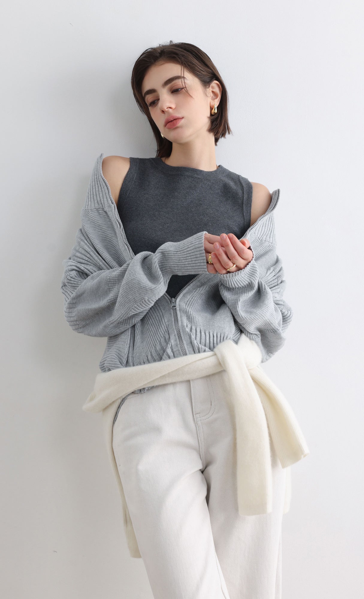 High Neck Knitted Pleated Zip-Up Cardigan_Grey