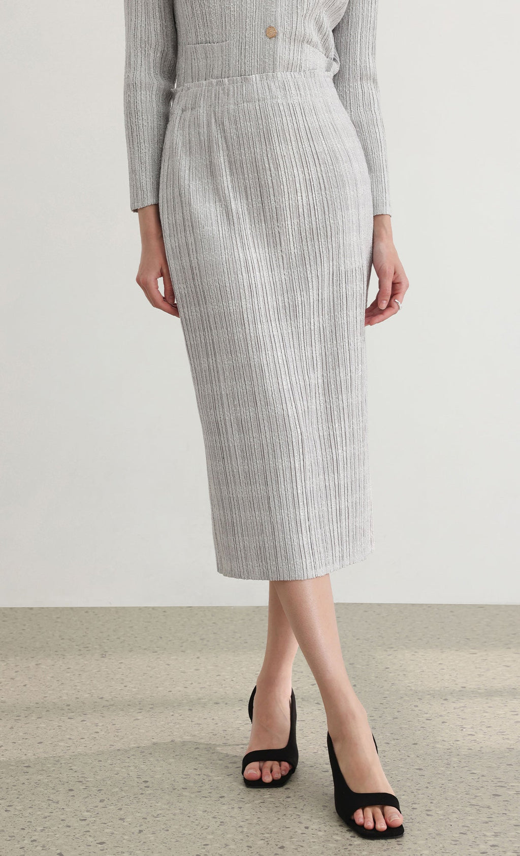 Tweed pleats banding skirt_grey