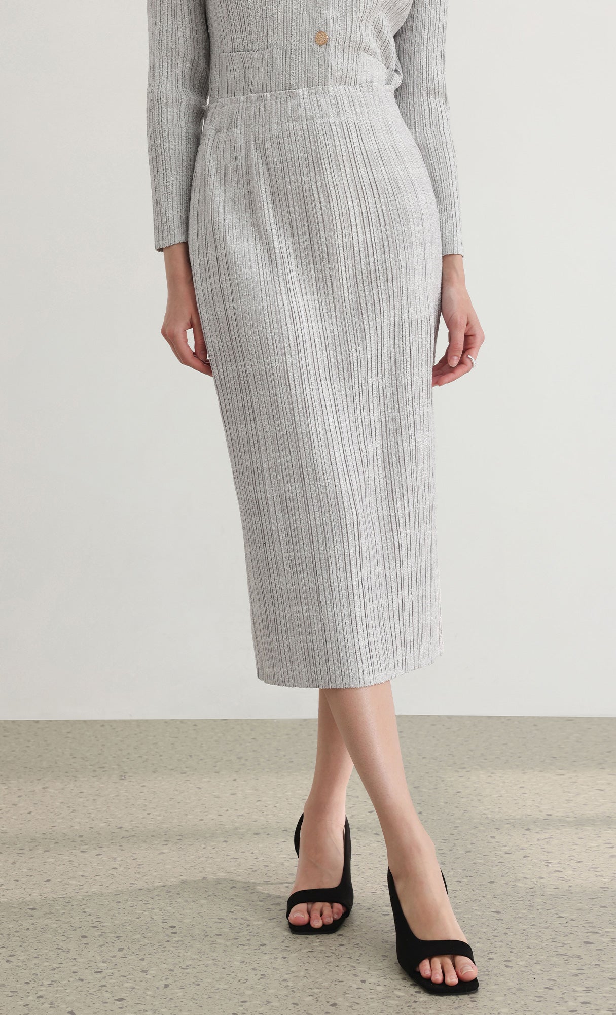 Tweed pleats banding skirt_grey