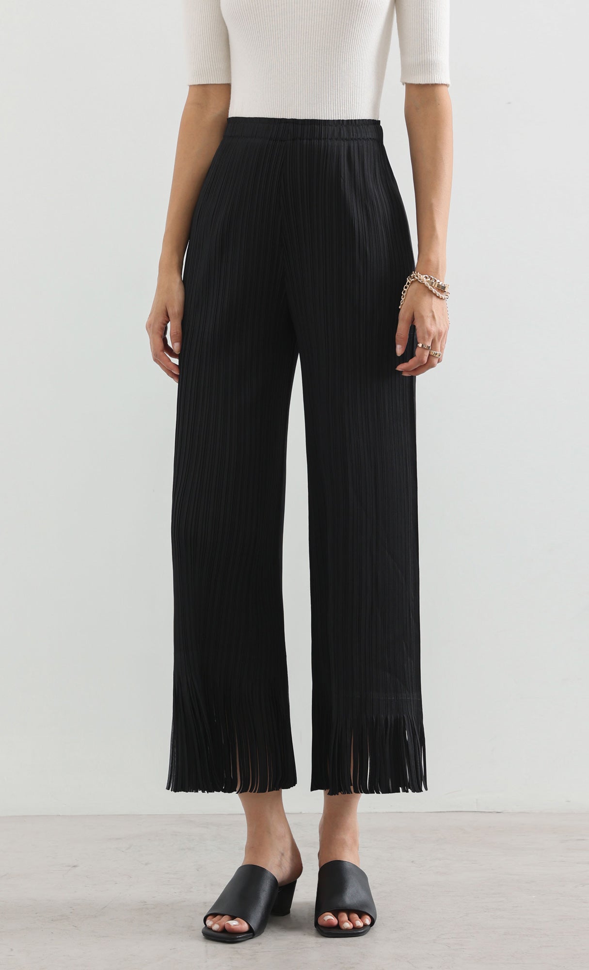 frill hem pleats pants_black
