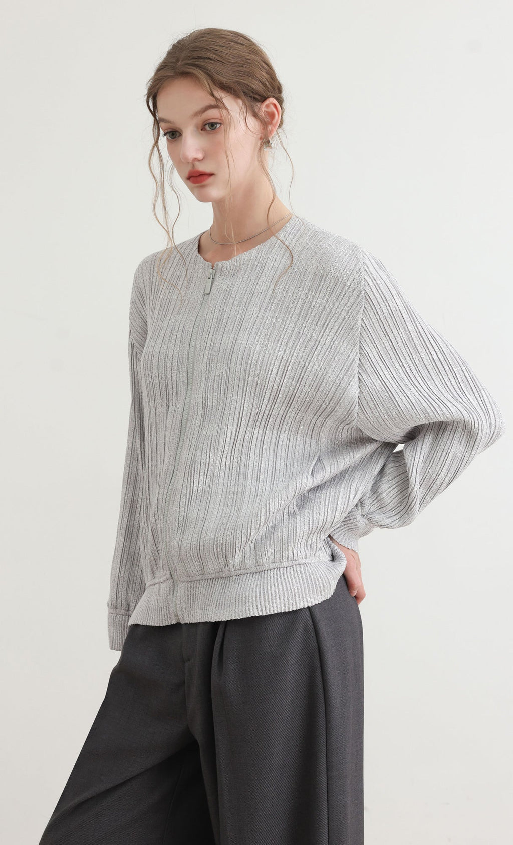 Tweed pleats blouson jumper_grey