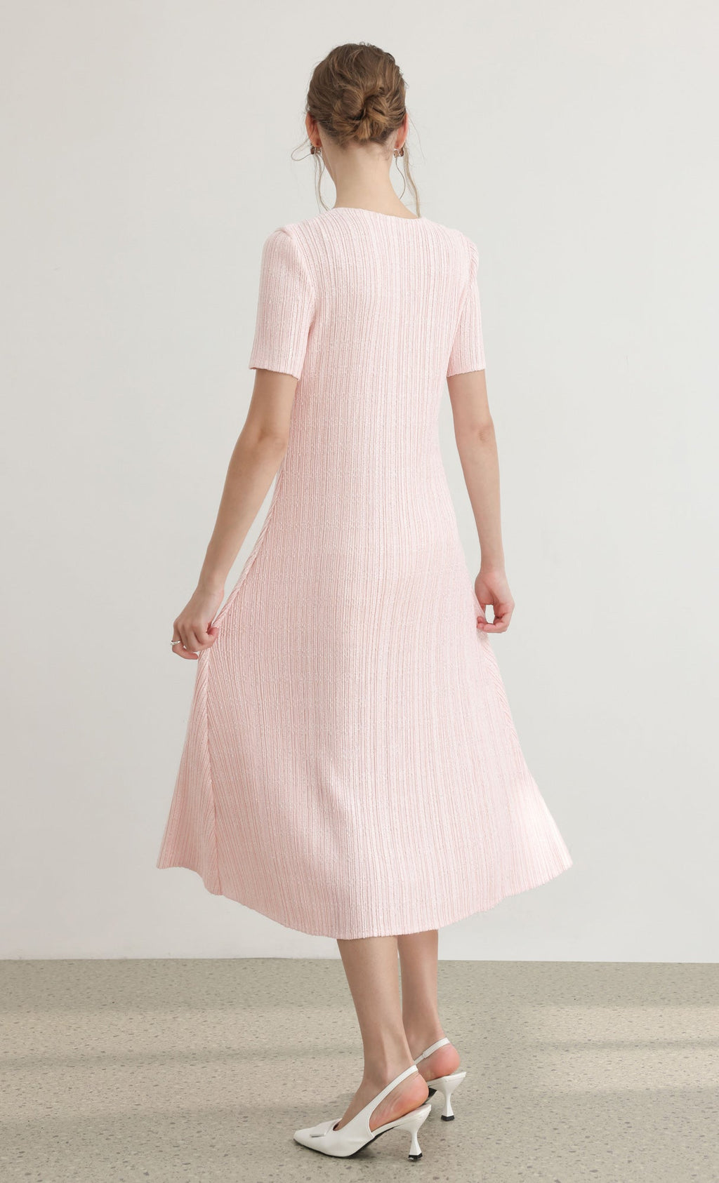 Tweed pleats square neck dress_pink