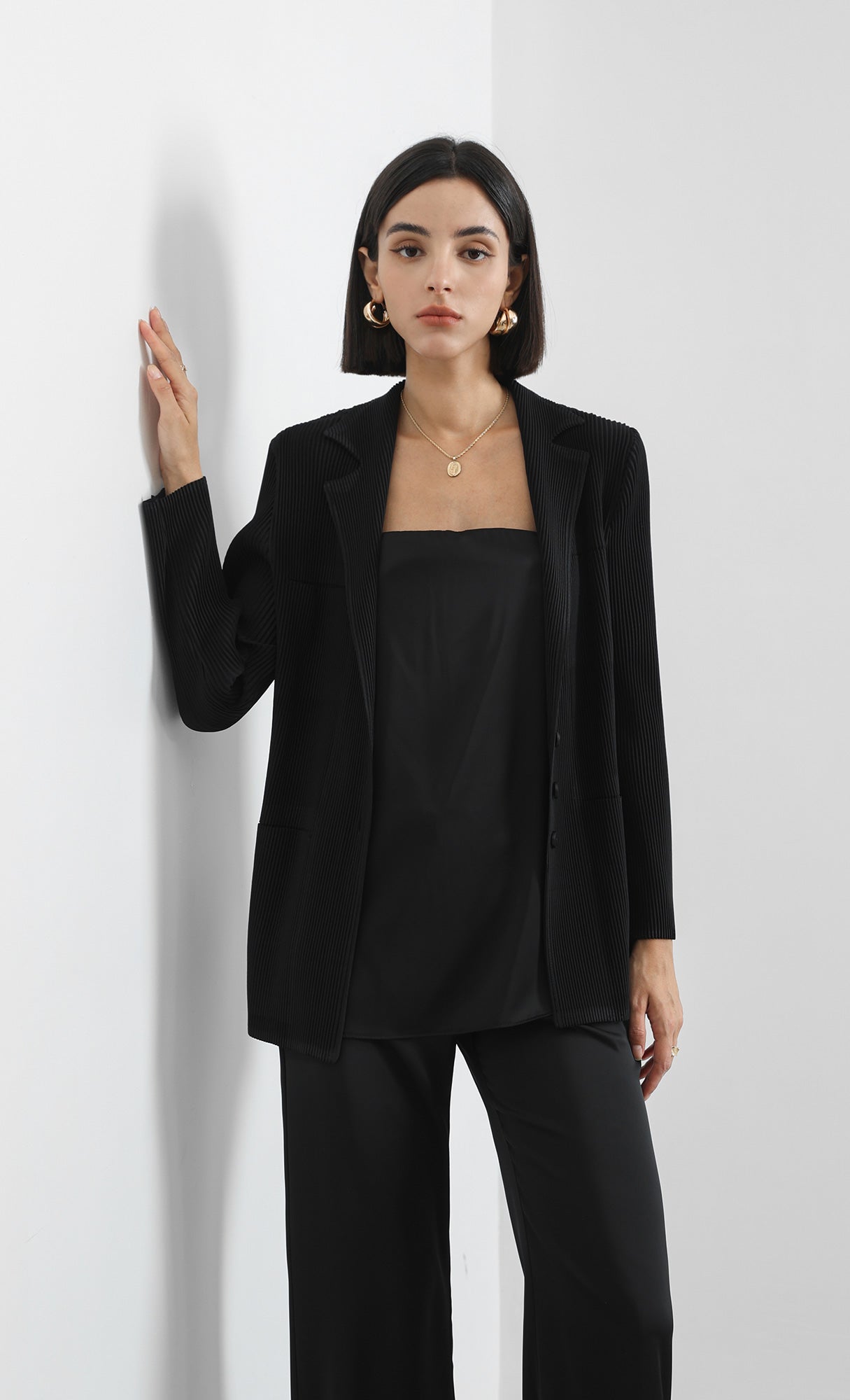 curve pleated set-up jacket_black