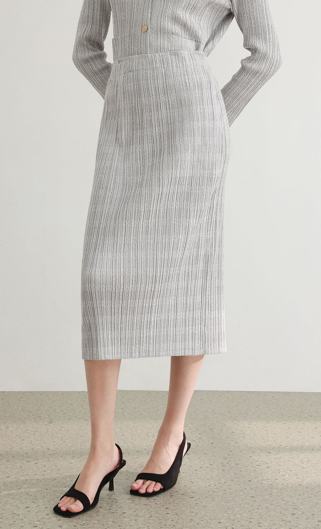 Tweed pleats banding skirt_grey