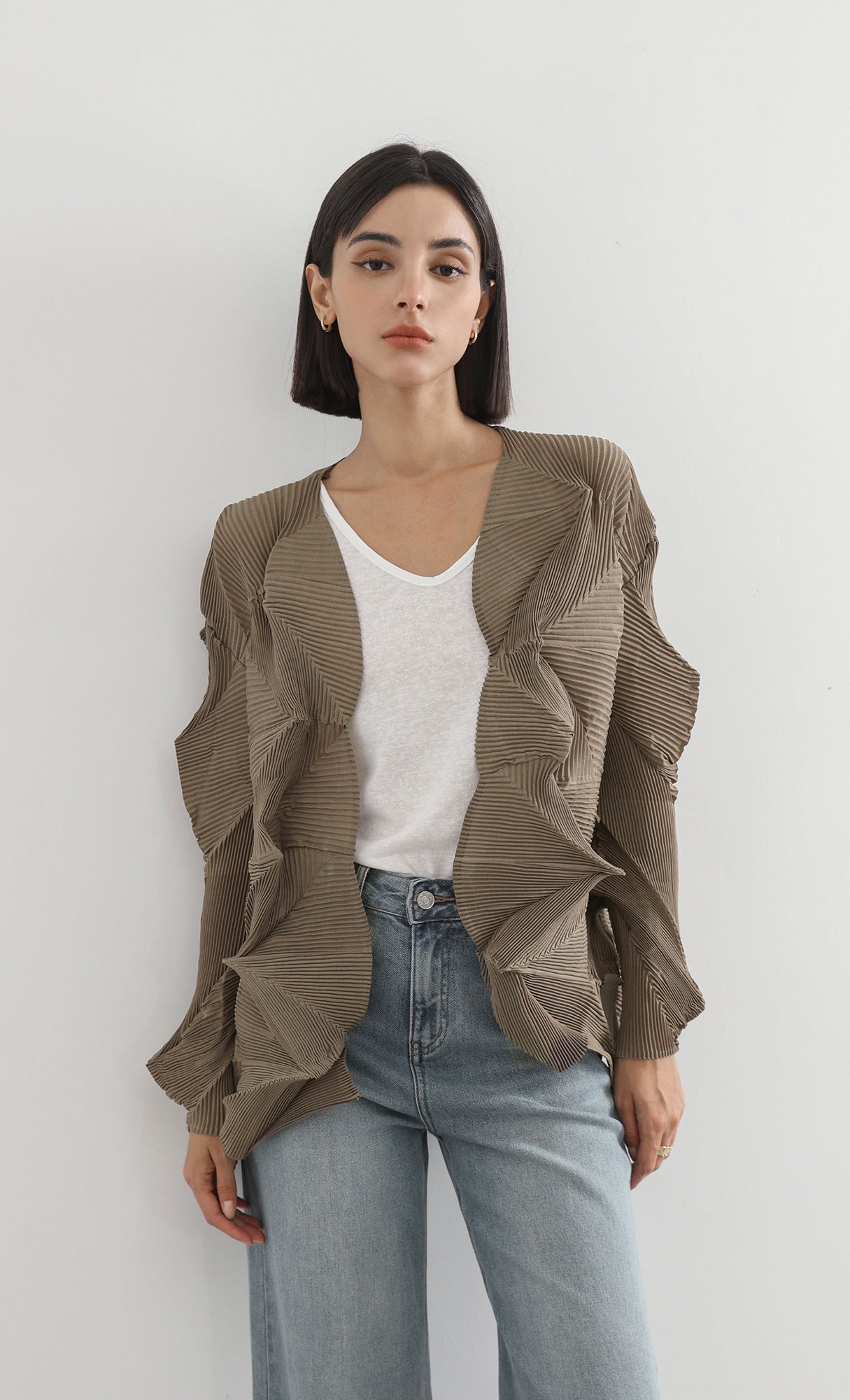 geo pleated jacket cardigan_brown