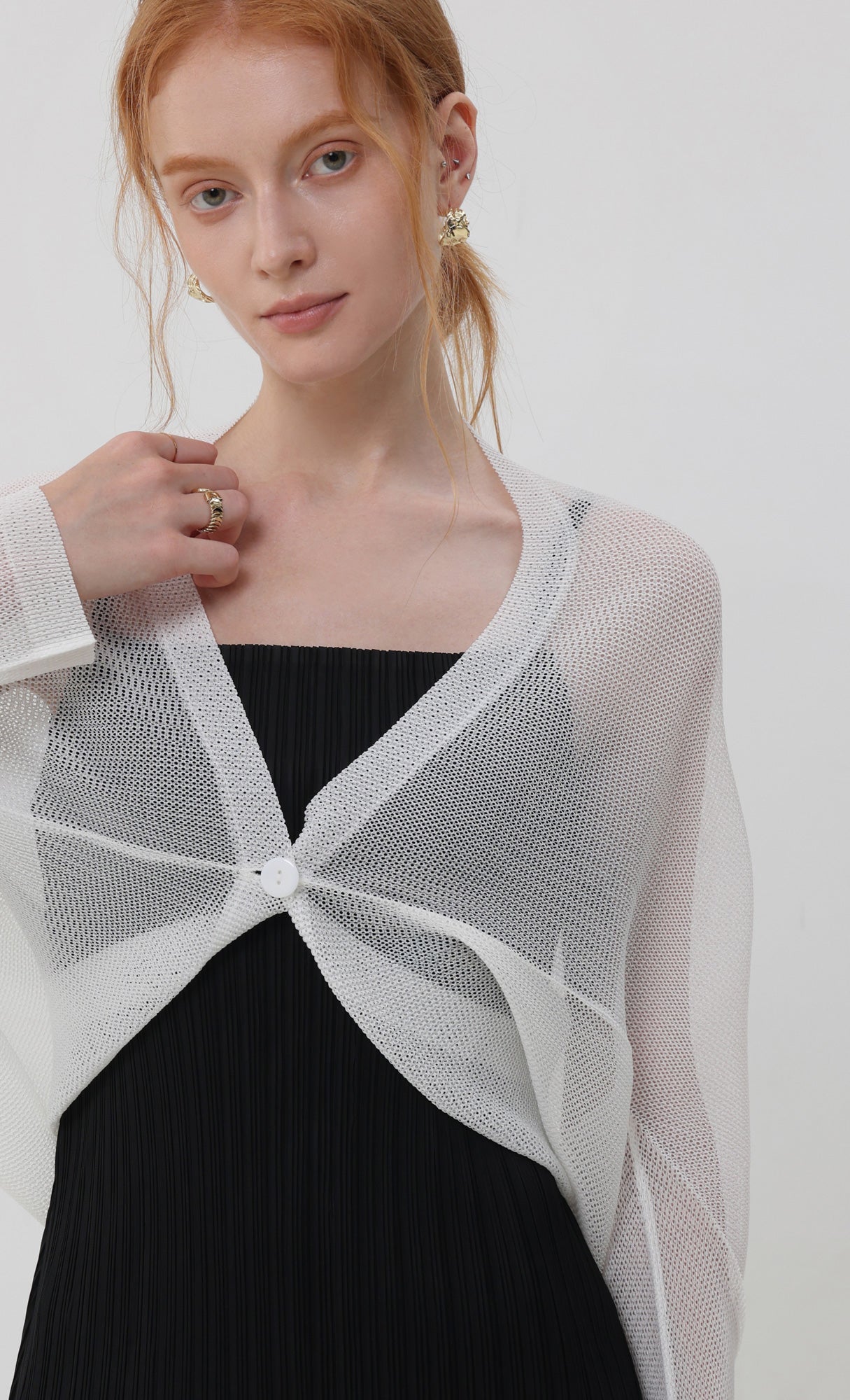 Lucid pleated mesh cardigan_ivory