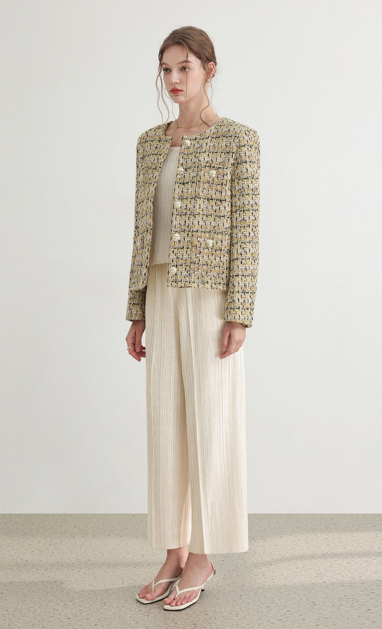 Tweed pleats pintuck pants_ivory