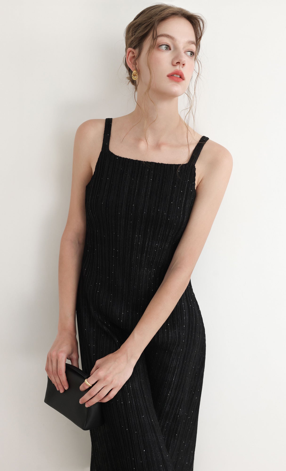 Tweed pleats sleveless flare dress_black