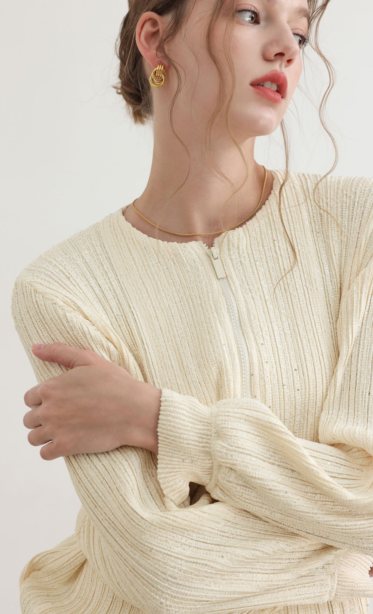 Tweed pleats blouson jumper_ivory