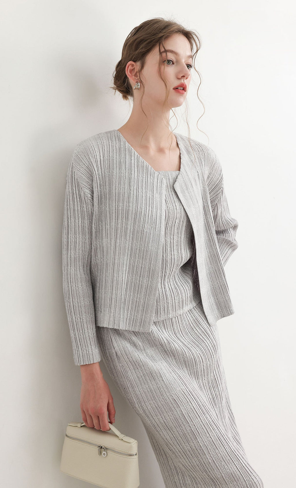 Tweed pleats cardigan_grey