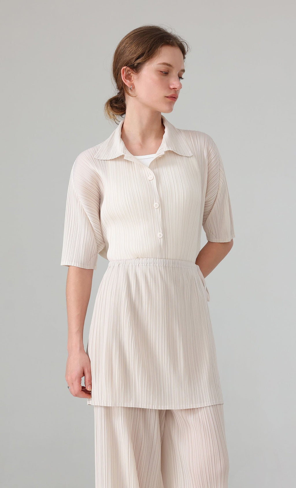 Palette collard pleated shirts_ivory