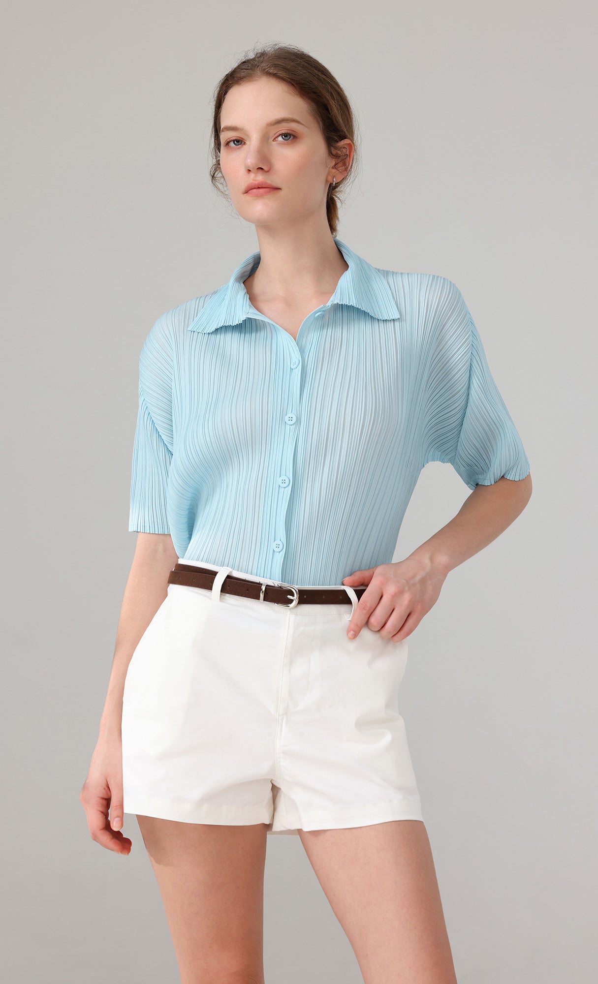 Palette collard pleated shirts_skyblue