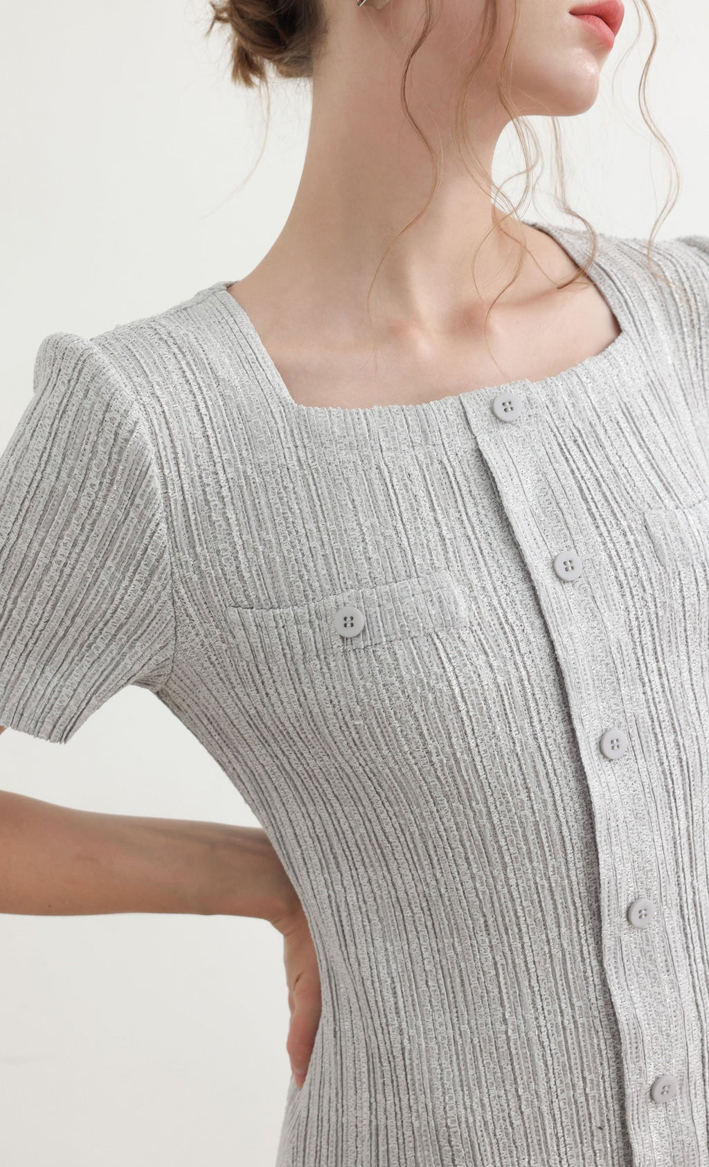 Tweed pleats square neck dress_grey