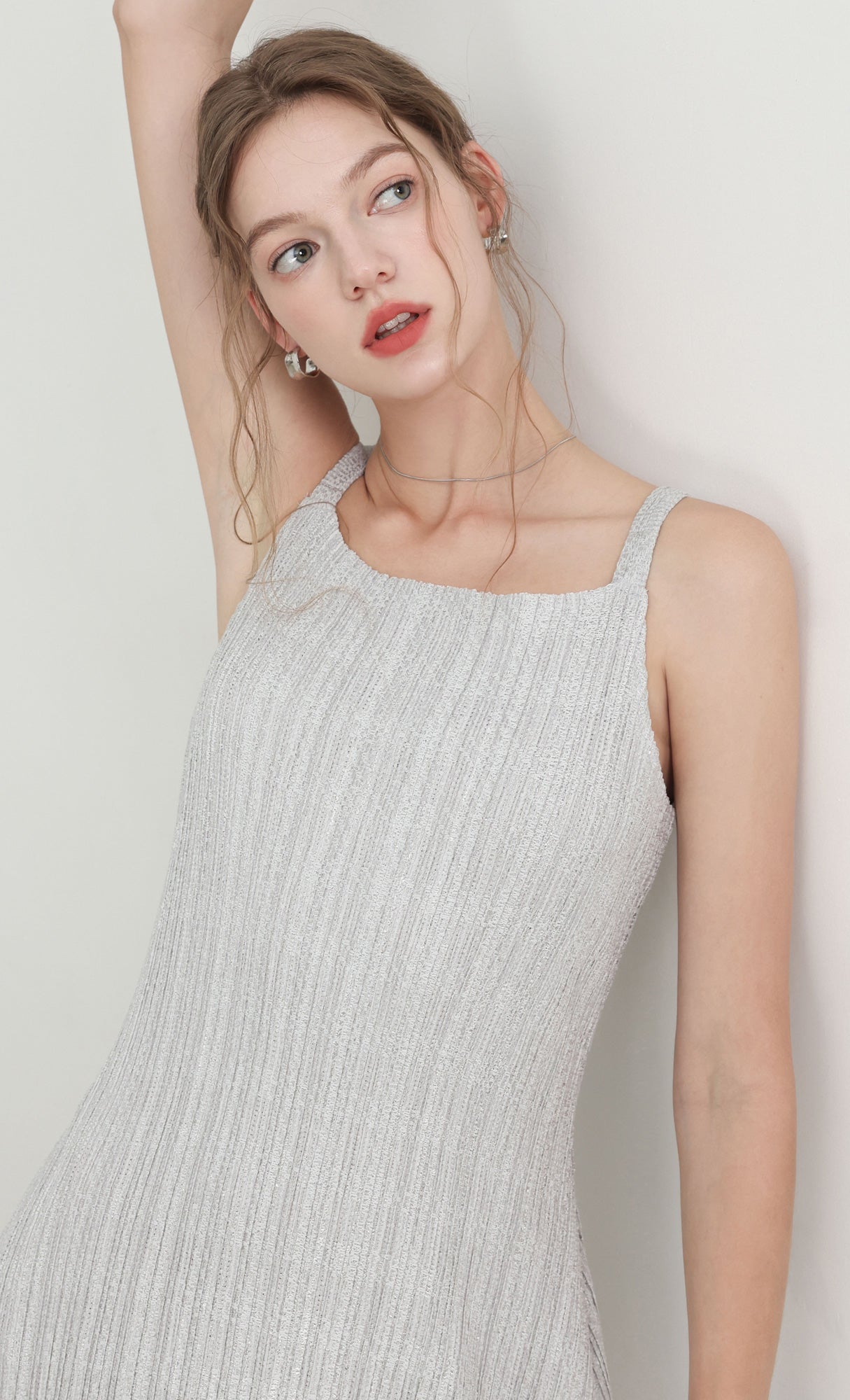 Tweed pleats sleveless flare dress_grey